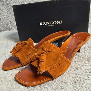 Rangoni Firenze Mahogany Italian Suede Leather Tassel Heel Slides Sandal 9.5 NEW